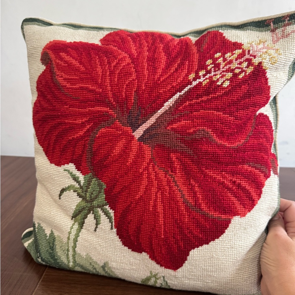 Handmade Needlepoint China Rose Down Pillow